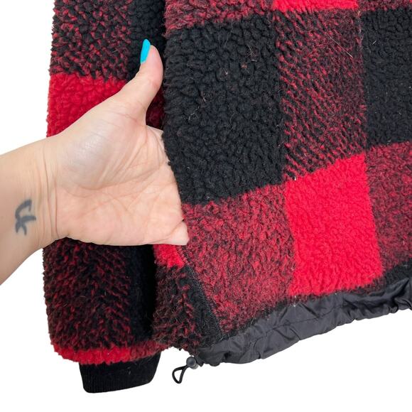 American Eagle AE Oversized Sherpa Fleece Pullover Buffalo Plaid Red M Medium - Picture 5 of 9